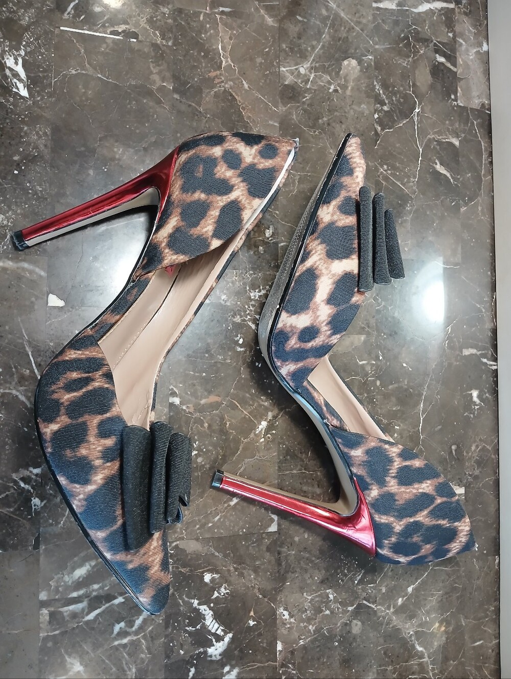 Betsey Johnson Leopard Pointed-Toe Stiletto Pumps with Red Metallic Heel
